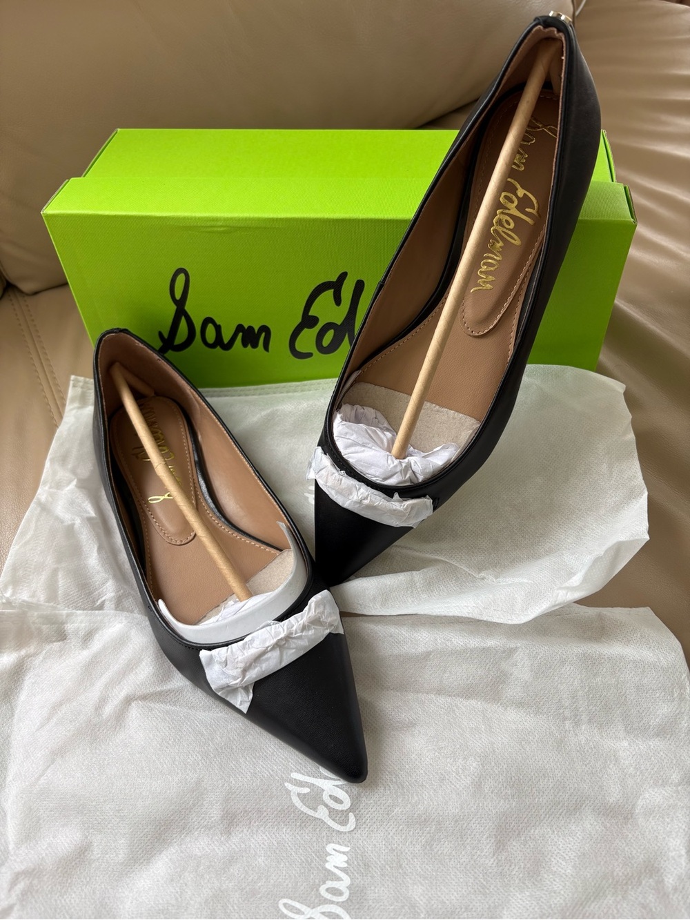 Sam Edelman Black Pointed Toe Leather Nori Flats with Gold Horsebit